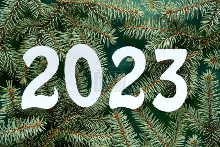 Photo for New Year 2023, white paper number on fir twigs, green background. Flat lay, top view, natural diy winter decor. Merry Christmas and a Happy New Year 2023. - Royalty Free Image
