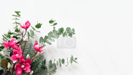 Photo for Pink magnolia flowers on fresh eucalyptus and fir twigs. Decorative corner element, flat lay on white background. Copy-space, place for greeting text, greeting, message. - Royalty Free Image
