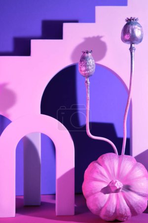 Téléchargez les photos : Citrouille décrative peinte et pavot sec. Escaliers et arches contemporains. Eléments géométriques abstraits, fond surréaliste aux couleurs rose et violet. - en image libre de droit