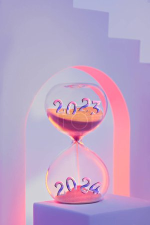 Foto de Fin de año 2023, Silverster, Año Nuevo 2024. Reloj de arena con números de año en el podio. Arcos surrealistas y escaleras en rosa y púrpura. Reloj de arena también se conoce como vidrio de arena, temporizador de arena o reloj de arena. - Imagen libre de derechos