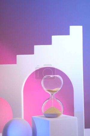 Photo for Hourglass on podium. Surreal arches in pink and purple neon lights. Hour glass is also known as sandglass, sand timer or sand clock. - Royalty Free Image