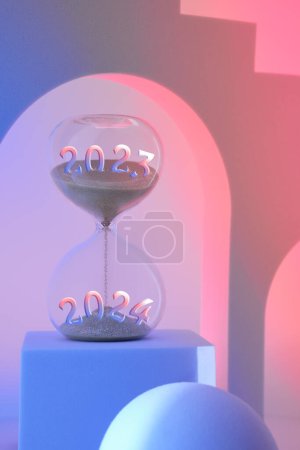 End of the year 2023, Silverster, New Year 2024. Hourglass withyear numbers on podium. Surreal arches and stairs in pink and purple. Hourglass is also known as sandglass, sand timer or sand clock.