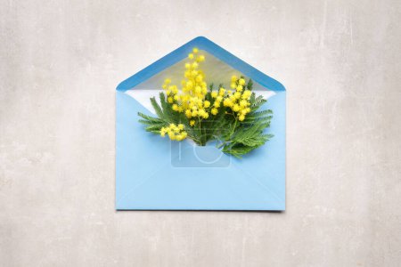 Foto de Flores frescas de mimosa en sobre de papel azul, plano, vista superior sobre fondo amarillo pálido. Diseño de saludo de primavera para cumpleaños, invitación de primavera, 8 de marzo Día Internacional de la Mujer. - Imagen libre de derechos