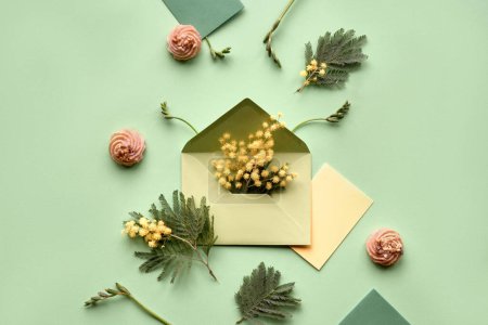Photo for Easter background. Mimosa and freesia flowers, quail eggs, mint green envelopes and color paper on green background. Knolling, neatly arranged springtime decor. Flat lay, top view. - Royalty Free Image