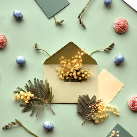Foto de Easter background. Mimosa and freesia flowers, quail eggs, mint green envelopes and paper greeting cards on green background. Knolling, neatly arranged springtime decor. Flat lay, top view. - Imagen libre de derechos