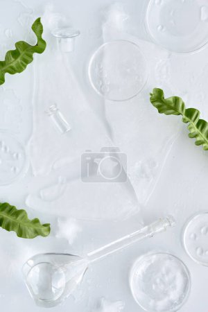 Téléchargez les photos : Crushed ice, glassware, petri dishes with moisturizer and oil drops, face care routine mockup, background with space for your product. Cold frozen background with exotic leaves. - en image libre de droit