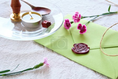 Photo for Envelope wax seal with carnation flowers on white table. Self made low impact greeting card. - Royalty Free Image