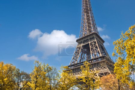 Foto de Torre Eiffel en otoño con cielo azul y hojas amarillas, espacio para copiar. Monumento famoso en París, Francia. - Imagen libre de derechos