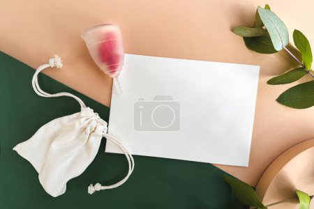 Téléchargez les photos : Coupe menstruelle et pilules contraceptives sur fond beige et vert avec brindille d'eucalyptus. Pose plate avec des produits de santé féminins et un espace de copie. Gynécologie et hygiène, zéro déchet alternatives durables. - en image libre de droit