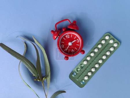 Téléchargez les photos : Réveil et un paquet de pilules contraceptives sur fond de papier coloré avec feuilles d'eucalyptus, vue aérienne, illustrant le concept de santé féminine moderne. - en image libre de droit