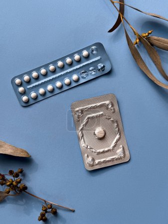 Foto de Dos paquetes diferentes de píldoras anticonceptivas sobre fondo de papel de color con hojas de eucalipto, vista aérea. Pack mensual y una píldora del día después, que ilustra el concepto de salud femenina moderna. - Imagen libre de derechos