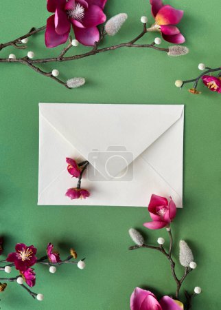 A white envelope adorned with delicate pink magnolia and plum flowers placed against a vibrant green background.