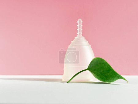 Téléchargez les photos : Coupe menstruelle en silicone réutilisable avec feuille verte sur fond de papier de couleur rose, présentant un produit menstruel unique et respectueux de l'environnement. - en image libre de droit