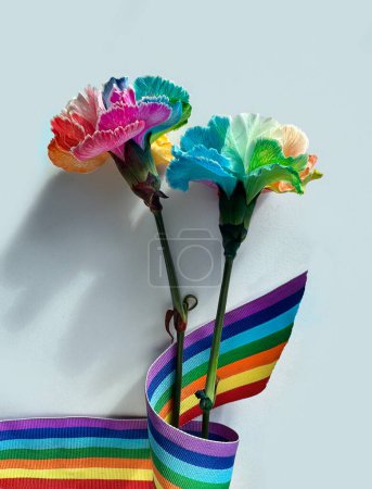 Téléchargez les photos : Deux fleurs d'oeillets de couleur arc-en-ciel avec un ruban arc-en-ciel sur fond neutre, symbolisant la liberté, la paix et la fierté LGBTQ. - en image libre de droit