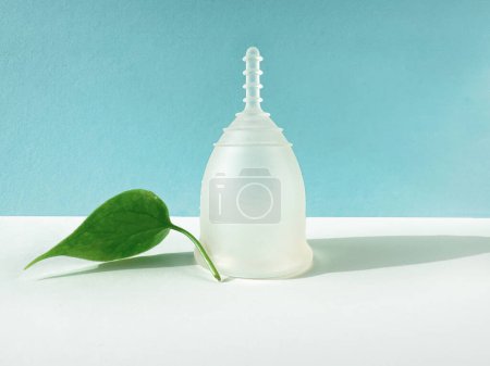 A reusable silicone menstrual cup with green leaf on a colored light blue paper background, showcasing a unique and eco-friendly menstruation product.