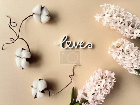 Spring composition with wooden word love, pink hyacinth and white cotton flowers, overhead view on cream, beige paper background.