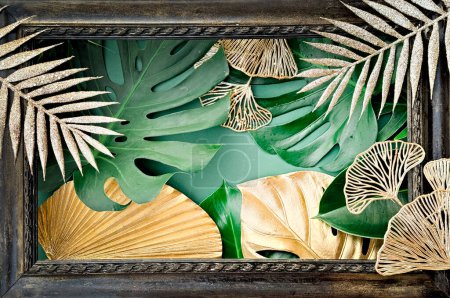 Ornate dunkle Rahmen mit einem lebendigen, tropischen Arrangement aus grünen Monstera-Blättern und eleganten Goldakzenten, perfekt, um eine exotische Note für Wohnkultur, Poster oder Designprojekte hinzuzufügen.