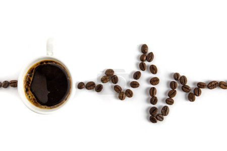 Cardiogram from coffee beans. White background