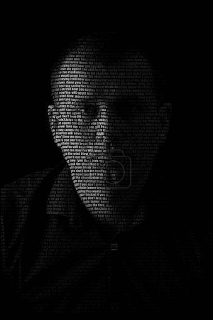Foto de Black and white photo of a man with letters. - Imagen libre de derechos