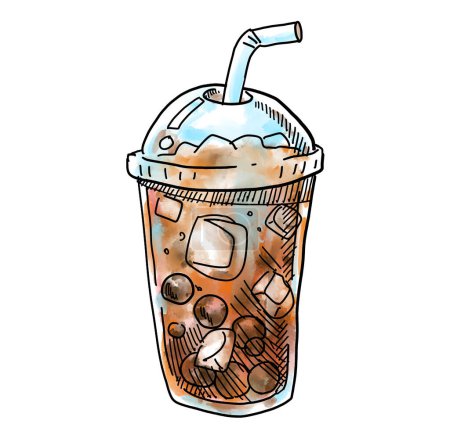 Photo for Iced tead cold drink cafe bevarage boba hand doodle drawing watercolor illustration art - Royalty Free Image