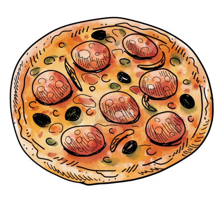 Téléchargez les photos : Salami pizza watercolor painting hand drawing outline illustration art - en image libre de droit