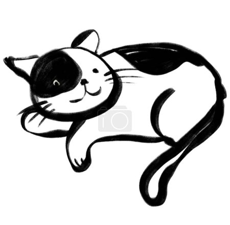Téléchargez les photos : Chat calligraphie encre noire coup de pinceau dormir heureux animal illustration art - en image libre de droit