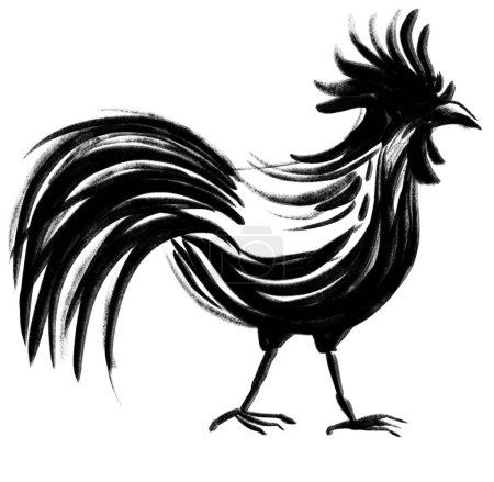 Foto de Gallo de pollo mascota caligrafía cepillo tinta negra pintura estilo chino ilustración arte - Imagen libre de derechos