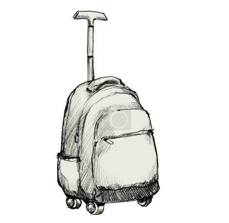 Téléchargez les photos : Bagage à roulettes ordinateur portable labtop ligne à main crayon dessin illustration noir et blanc art - en image libre de droit