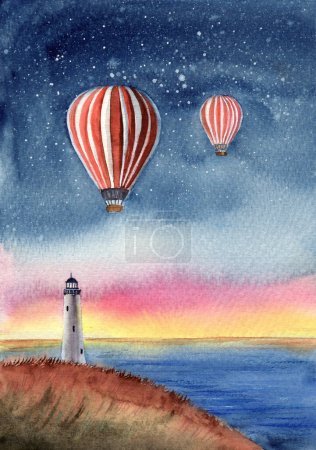Watercolor illustration of a night landscape with a lighthouse on a grassy island and two white and red hot air balloons in a dark blue starry sky