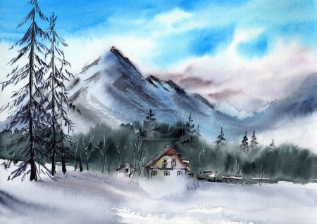 Téléchargez les photos : Watercolor illustration of a winter landscape with distant snow-capped mountains, a winter forest and a brown-roofed wooden house, with three pine trees in the foreground on the left - en image libre de droit