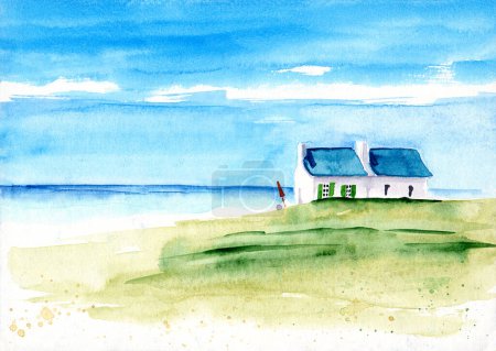 Ilustración en acuarela de una orilla del mar con dos cabañas blancas de verano bajo un techo azul sobre hierba verde bajo un cielo azul