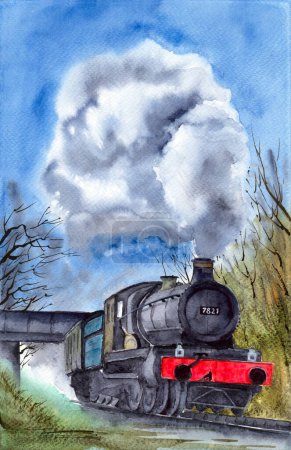 Watercolor illustration of a train driving under a railway bridge with a steam locomotive releasing a cloud of steam