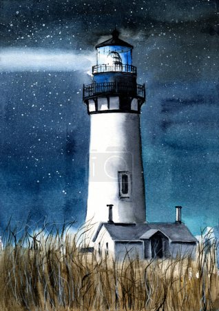 Photo for Watercolor picture of the Yaquina Head Lighthouse in the field of the tall yellow grass under the starry sky - Royalty Free Image