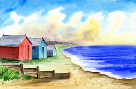 Foto de Watercolor illustration of a sandy seashore overgrown with grass, with a wooden fence and three colorful summer boat houses on the shore - Imagen libre de derechos