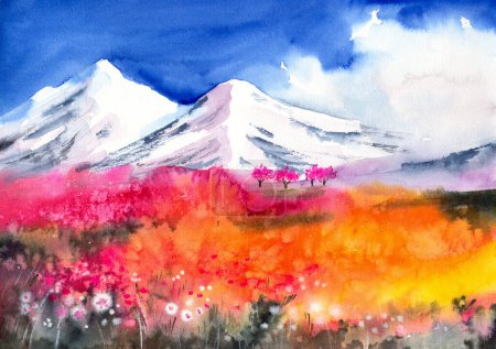 Photo for Watercolor illustration of a valley landscape with blooming pink and orange wildflowers and snow-capped mountains in the background - Royalty Free Image