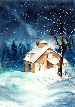 Téléchargez les photos : Illustration aquarelle d'un paysage hivernal enneigé avec une maison en bois aux fenêtres lumineuses, une forêt de conifères et une prairie enneigée - en image libre de droit