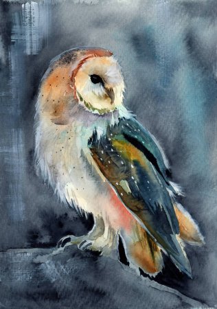 Watercolor illustration of a barn owl with spotted feathers sitting on a tree stump on a grey background