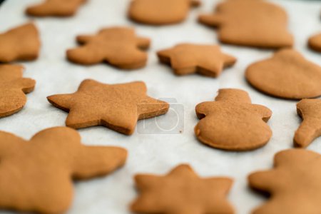 Fresh baked homemade Chritstmas gingerbread cookie on a baking paper. Selective focus. Christmas background