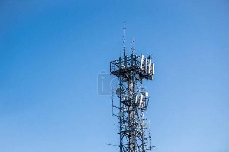 Photo for Radio, communication and cell tower on blue sky background in Australia - Royalty Free Image