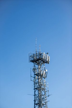 Photo for Radio, communication and cell tower on blue sky background in Australia - Royalty Free Image