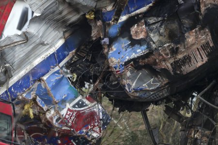 Foto de Tempi Valley, Greece - March 2, 2023: Tempi Valley, Greece - March 1, 2023: A tragic accident occurred in northern Greece, as two trains collided in the Tempi Valley. rescuers search the wreckage for survivors - Imagen libre de derechos