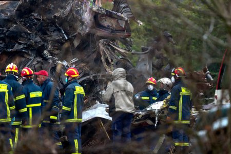 Photo for Tempi Valley, Greece - March 2, 2023: Tempi Valley, Greece - March 1, 2023: A tragic accident occurred in northern Greece, as two trains collided in the Tempi Valley. rescuers search the wreckage for survivors - Royalty Free Image