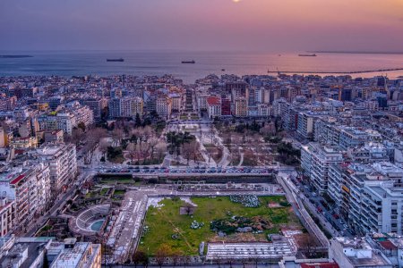 Photo for Aerial view of Roman Forum (Ancient Agora) of Thessaloniki and the famous Aristotelous square in Thessaloniki city, Greece. The square is a popular spot for tourists and locals, with many refreshments and cafes - Royalty Free Image
