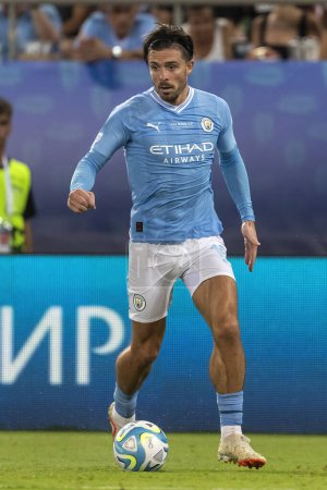 Photo for Athens, Greece - August 16,2023: Player of Manchester City Jack Grealish in action during the UEFA Super Cup Final match between Manchester City and Sevilla at Stadio Karaiskakis, Piraeus - Royalty Free Image