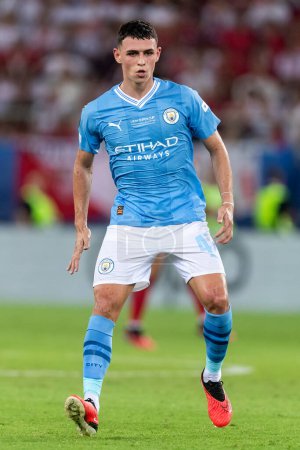 Photo for Athens, Greece - August 16,2023: Player of Manchester City Phil Foden in action during the UEFA Super Cup Final match between Manchester City and Sevilla at Stadio Karaiskakis, Piraeus - Royalty Free Image