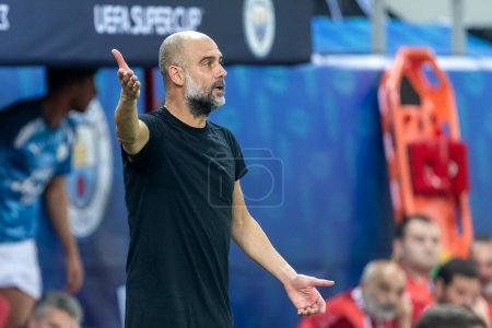Photo for Athens, Greece - August 16,2023:: Manchester City coach Josep Guardiola during the Super Cup final soccer match between Manchester City and Sevilla at Stadio Karaiskakis, Piraeus - Royalty Free Image