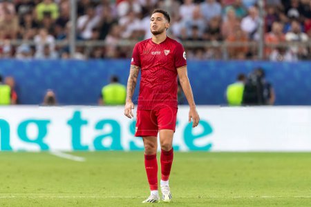 Photo for Athens, Greece - August 16,2023: Player of Lucas Ocampos in action during the UEFA Super Cup Final match between Manchester City and Sevilla at Stadio Karaiskakis, Piraeus - Royalty Free Image