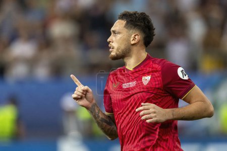 Photo for Athens, Greece - August 16,2023: Player of Lucas Ocampos in action during the UEFA Super Cup Final match between Manchester City and Sevilla at Stadio Karaiskakis, Piraeus - Royalty Free Image