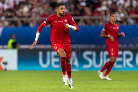 Photo for Athens, Greece - August 16,2023: Player of Youssef En Nesyr  in action during the UEFA Super Cup Final match between Manchester City and Sevilla at Stadio Karaiskakis, Piraeus - Royalty Free Image