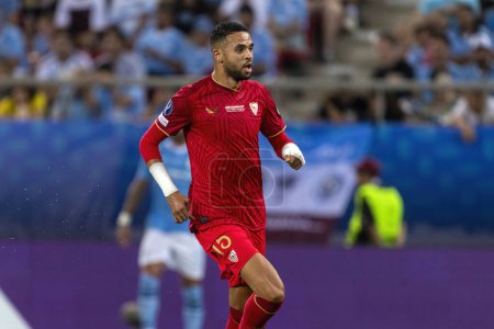 Photo for Athens, Greece - August 16,2023: Player of Youssef En Nesyr  in action during the UEFA Super Cup Final match between Manchester City and Sevilla at Stadio Karaiskakis, Piraeus - Royalty Free Image